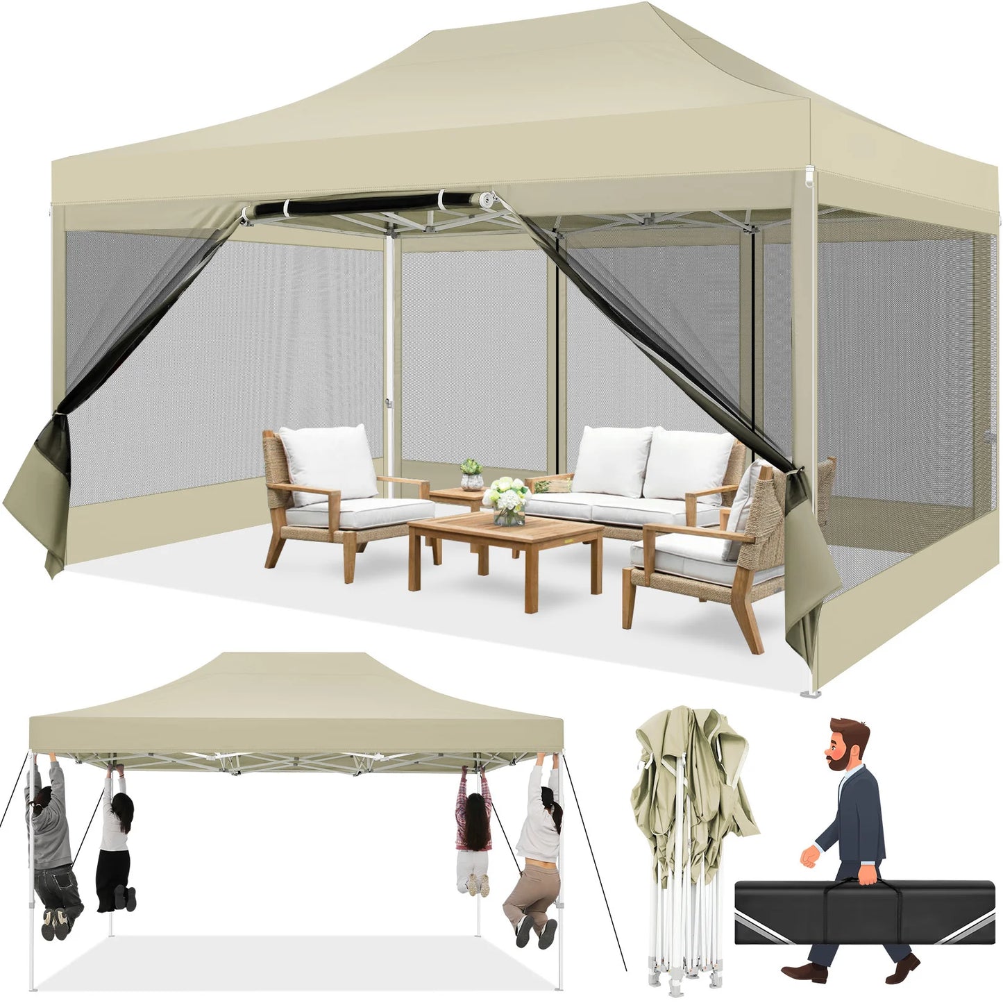 Tonnelle pliante 3x4,5 m imperméable avec moustiquaire panoramique