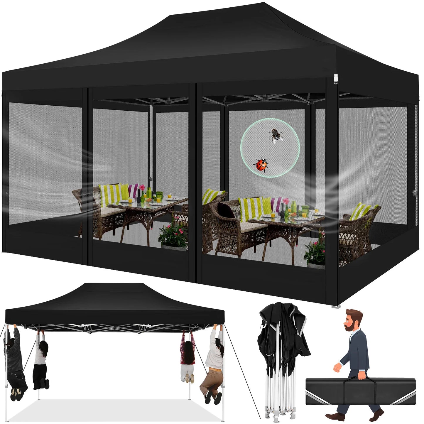 Tonnelle pliante 3x4,5 m imperméable avec moustiquaire amovible