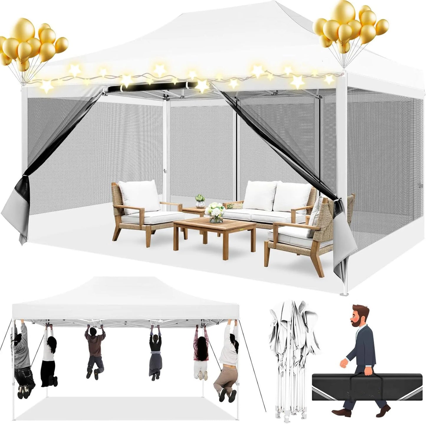Tonnelle pliante 3x4,5 m imperméable avec moustiquaire amovible