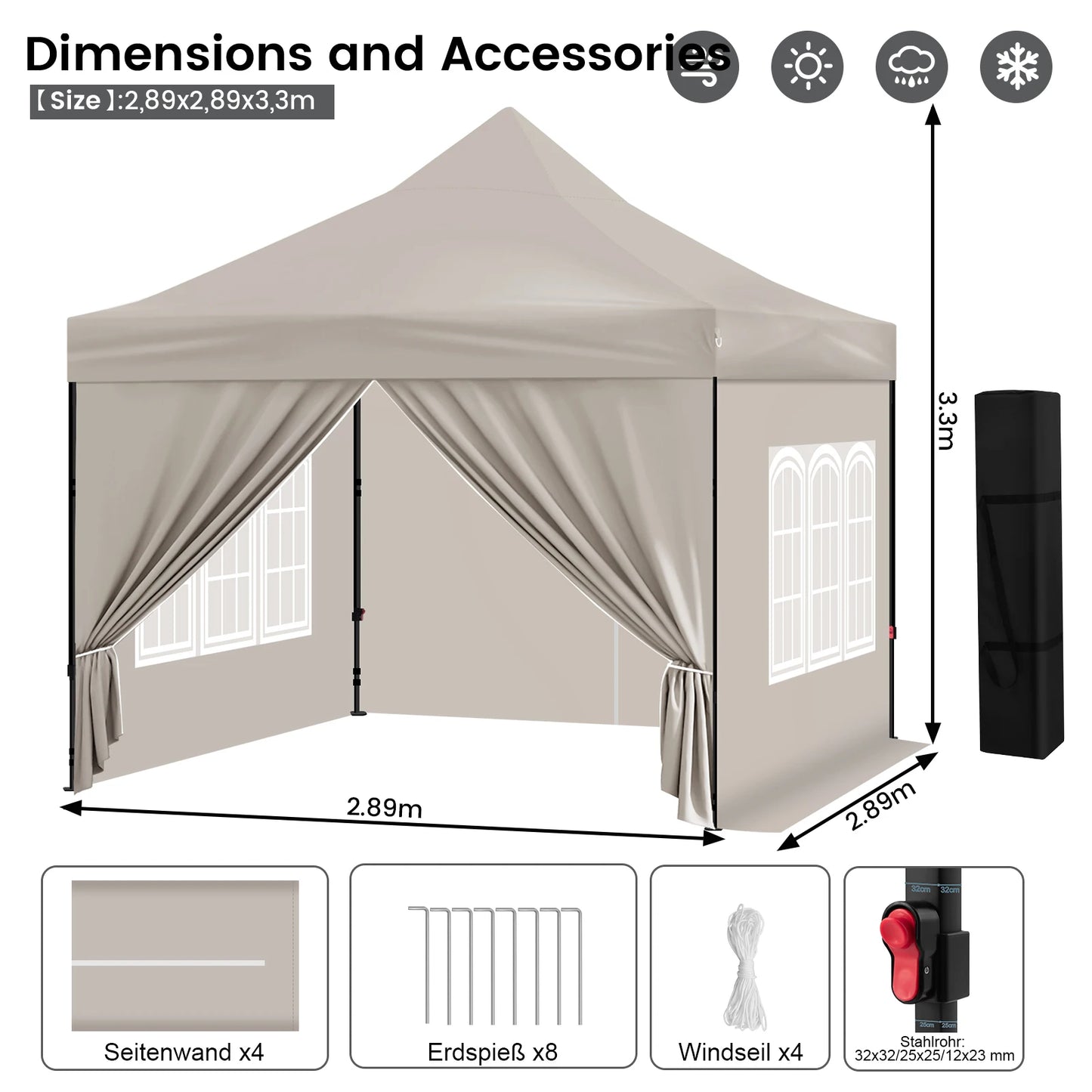 Tonnelle pliante 3x3 m imperméable avec 4 parois amovibles