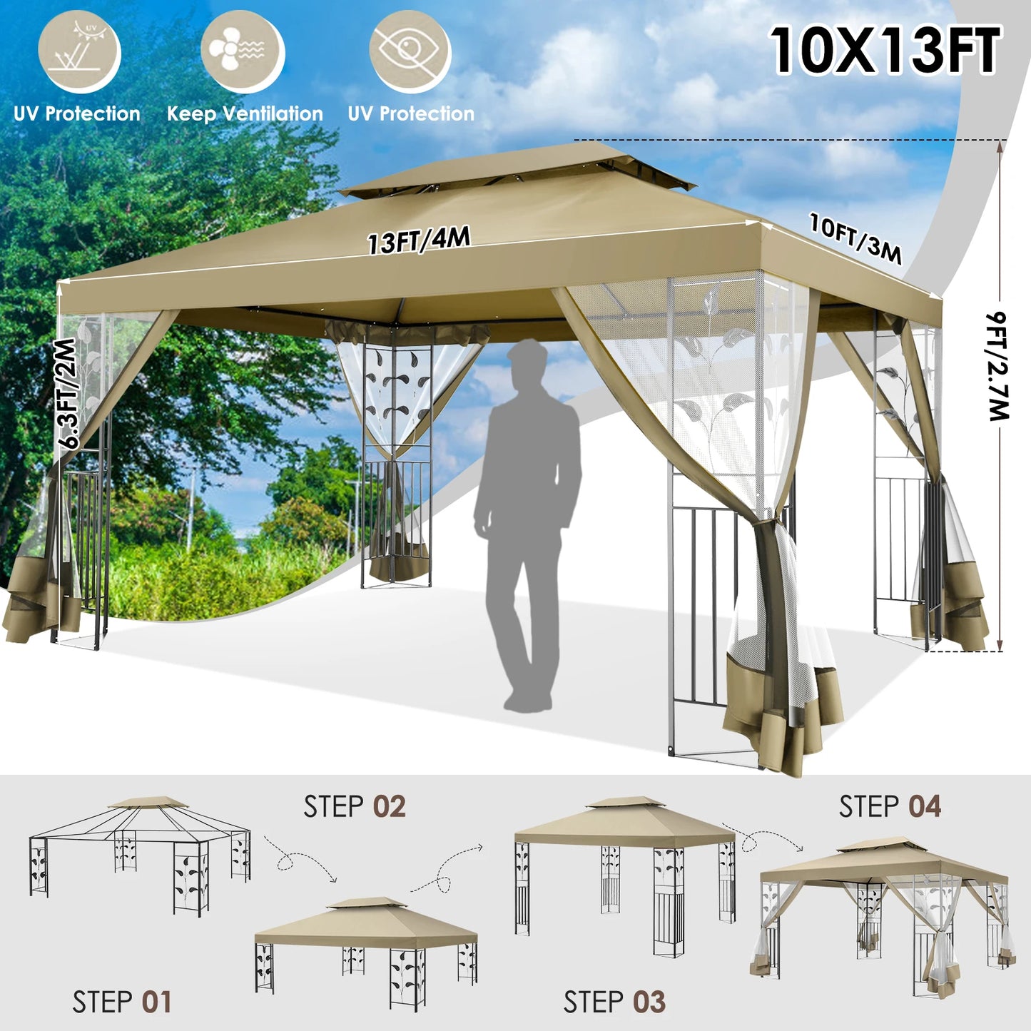 Tonnelle 3x4 m étanche avec rideaux moustiquaires et toit renforcé