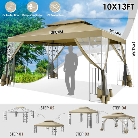 Tonnelle 3x4 m étanche avec rideaux moustiquaires et toit renforcé