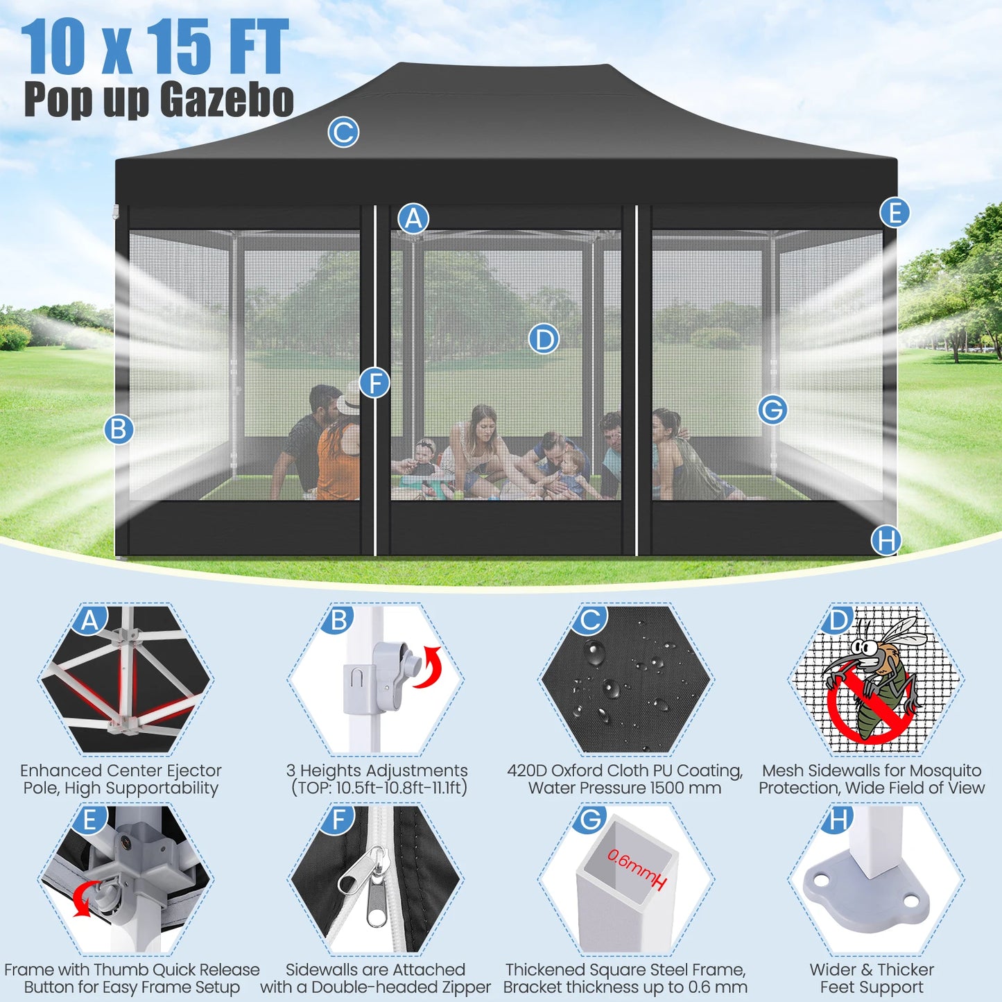 Tonnelle pliante 3x4,5 m imperméable avec moustiquaire panoramique