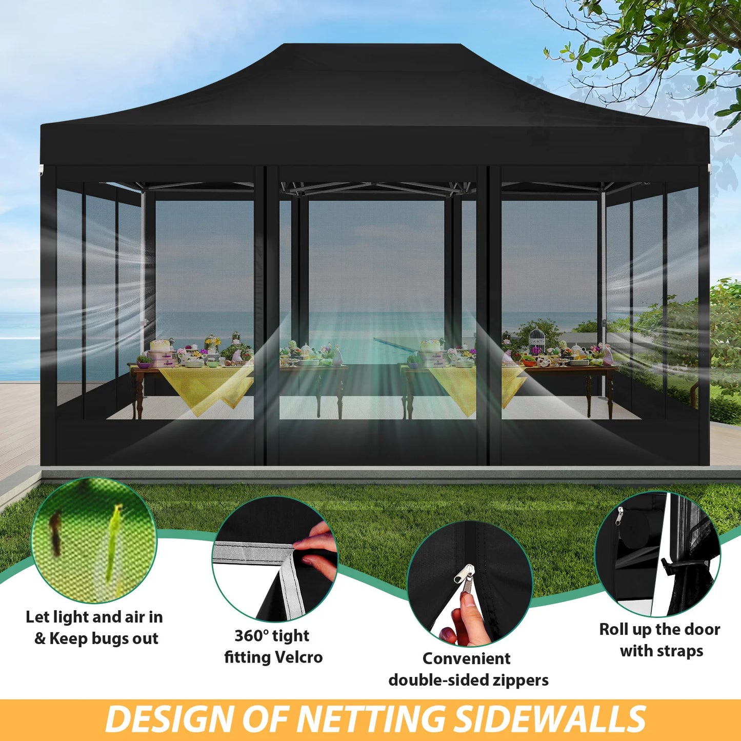Tonnelle pliante 3x4,5 m imperméable avec moustiquaire amovible