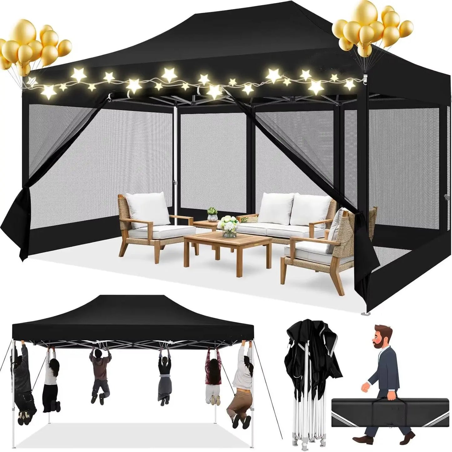 Tonnelle pliante 3x4,5 m imperméable avec moustiquaire amovible