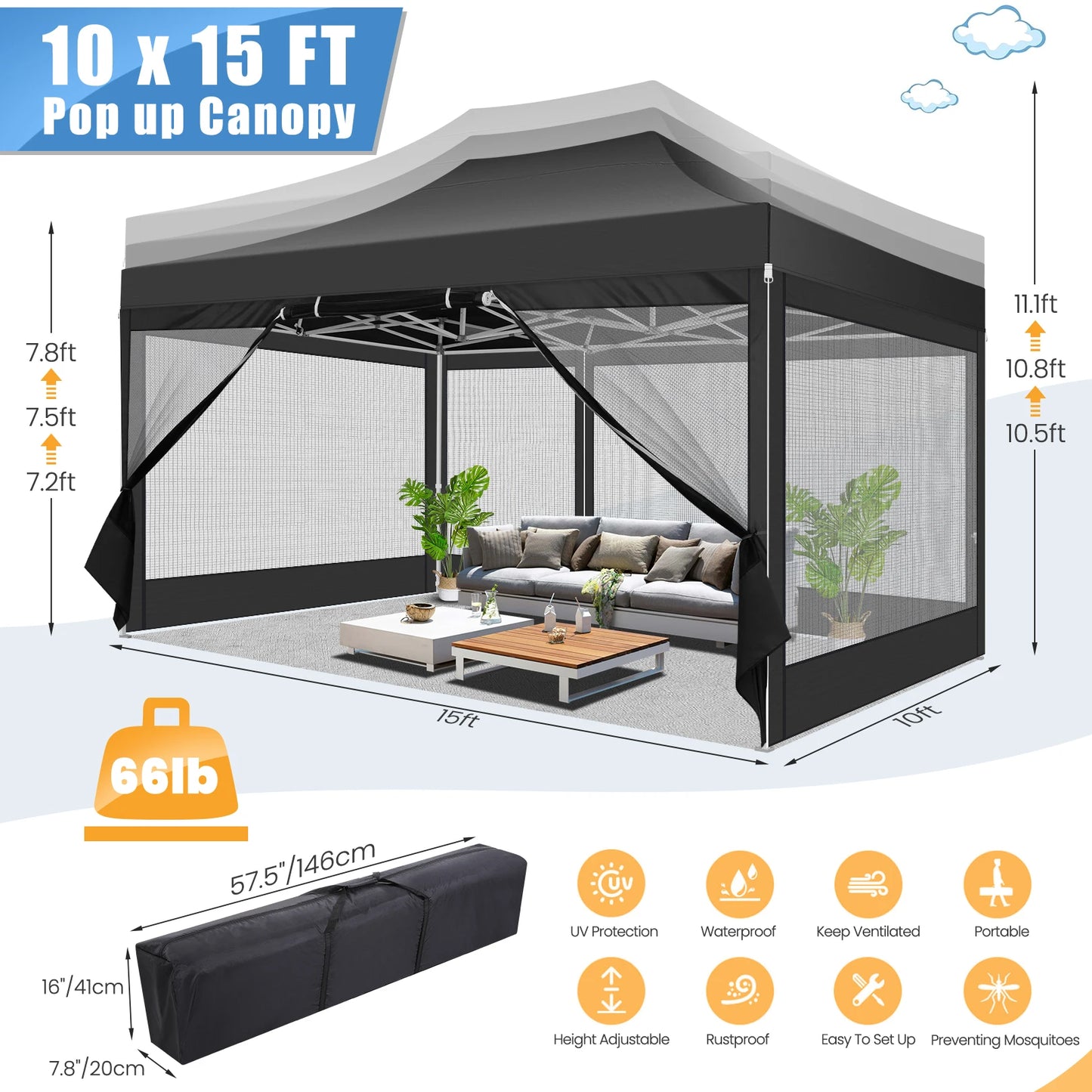 Tonnelle pliante 3x4,5 m imperméable avec moustiquaire panoramique