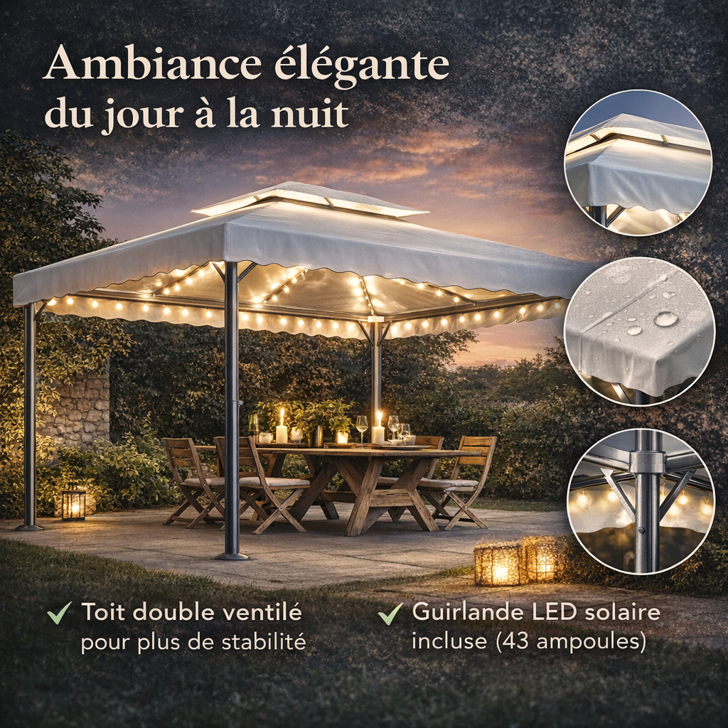 Tonnelle 4x3 m avec toit double et guirlande LED solaire intégrée