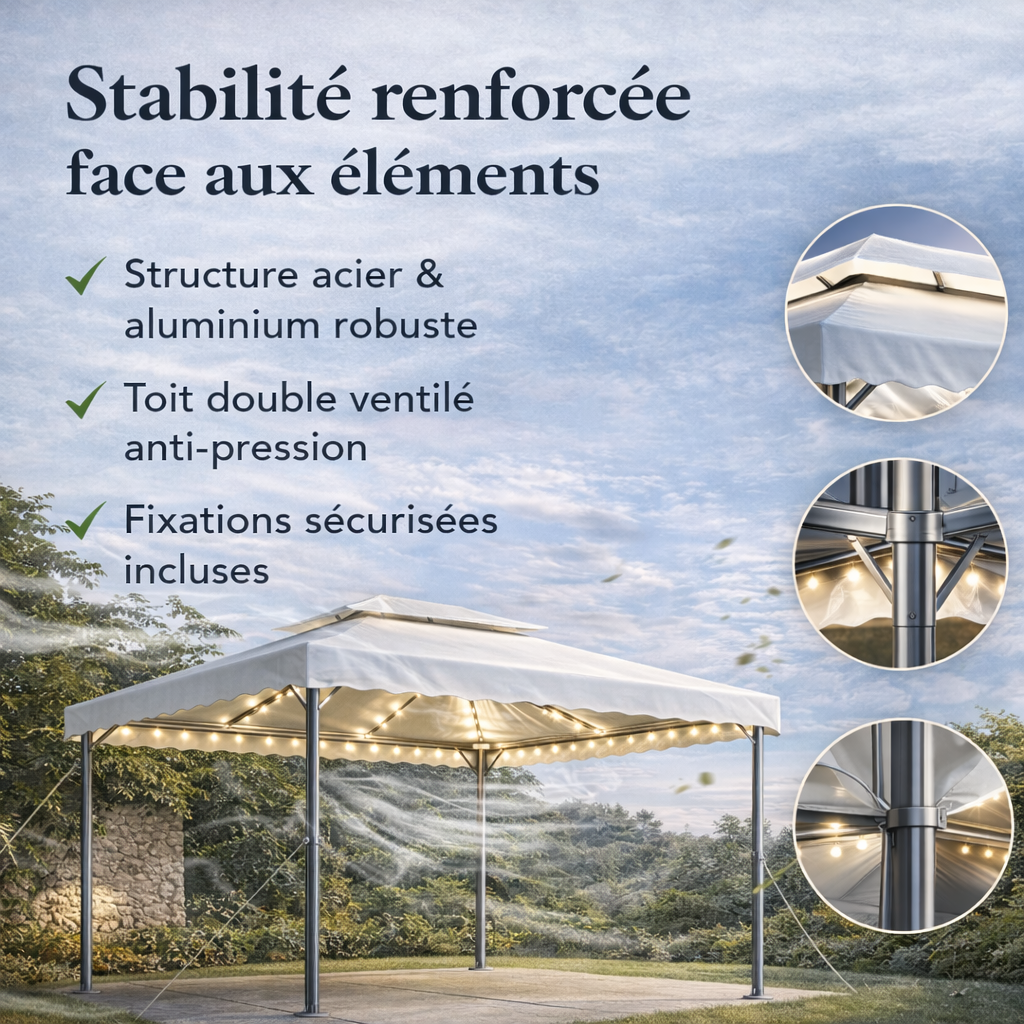 Tonnelle 4x3 m avec toit double et guirlande LED solaire intégrée