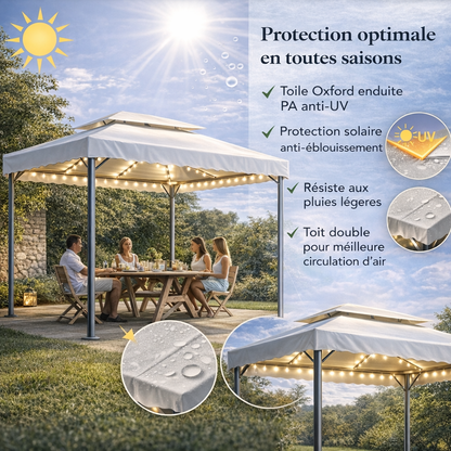 Tonnelle 4x3 m avec toit double et guirlande LED solaire intégrée