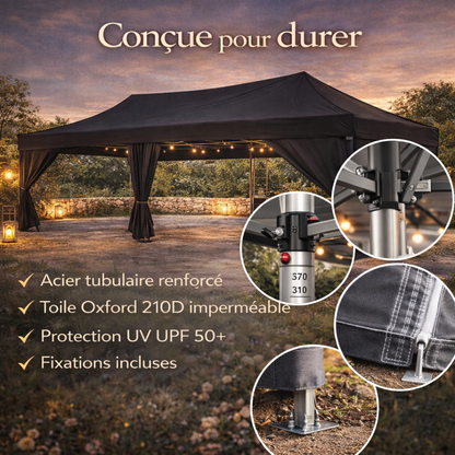 Tonnelle pliante 3x6 m noire avec isolation thermique