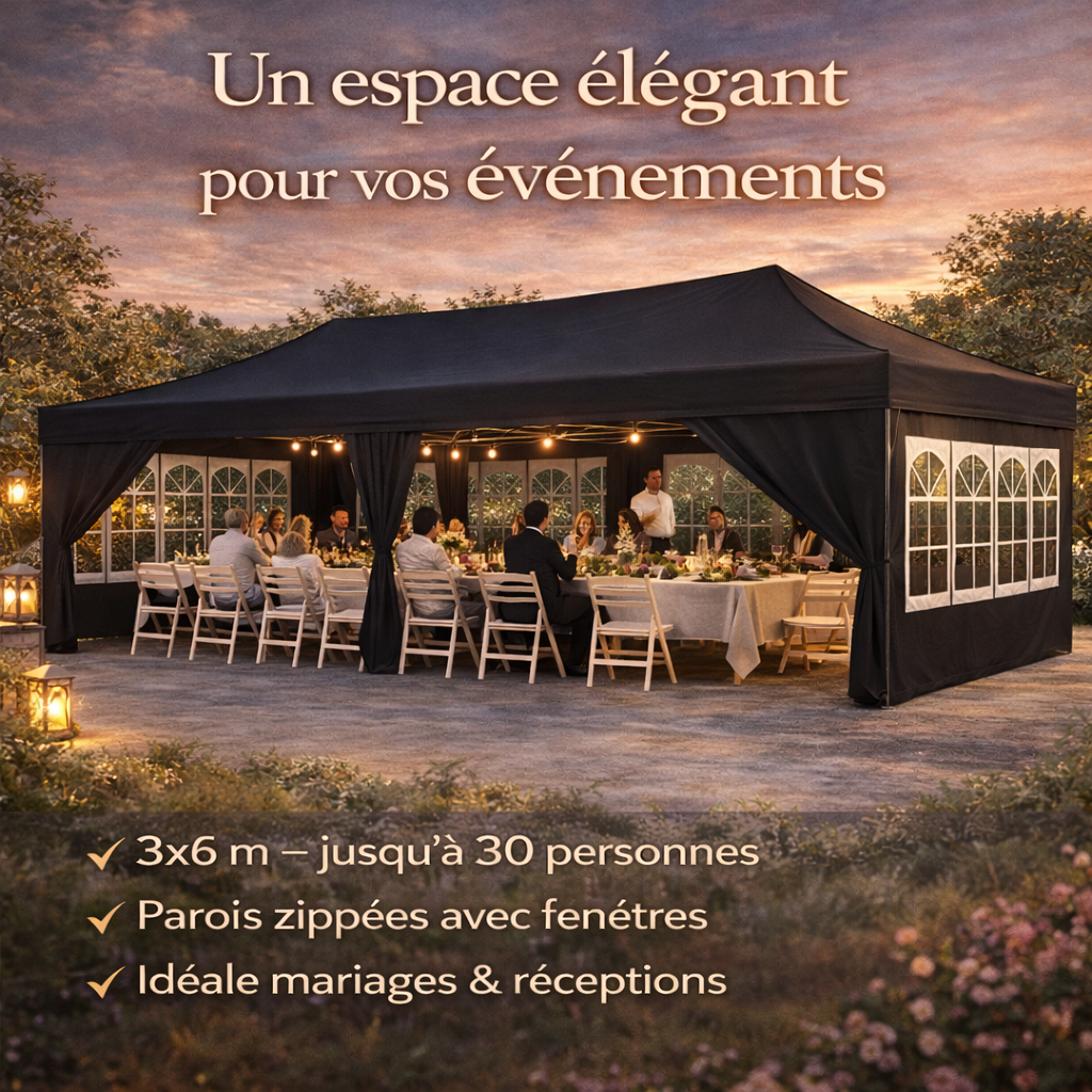 Tonnelle pliante 3x6 m noire avec isolation thermique