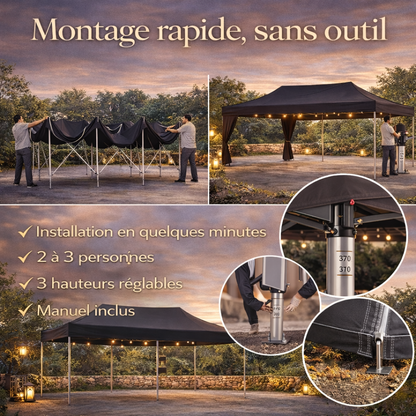 Tonnelle pliante 3x6 m noire avec isolation thermique