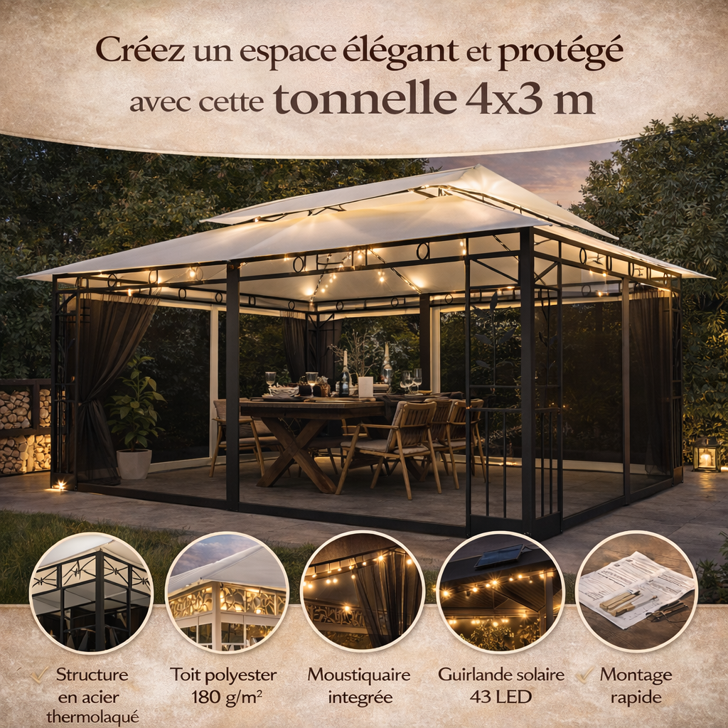 Tonnelle 4x3 m crème avec moustiquaire et guirlande solaire LED