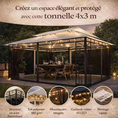 Tonnelle 4x3 m crème avec moustiquaire et guirlande solaire LED