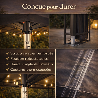 Tonnelle 4x3 m crème avec moustiquaire et guirlande solaire LED
