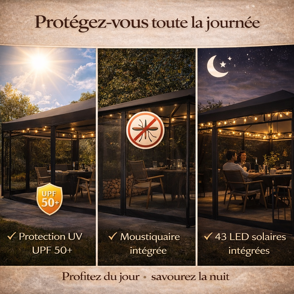 Tonnelle 4x3 m crème avec moustiquaire et guirlande solaire LED