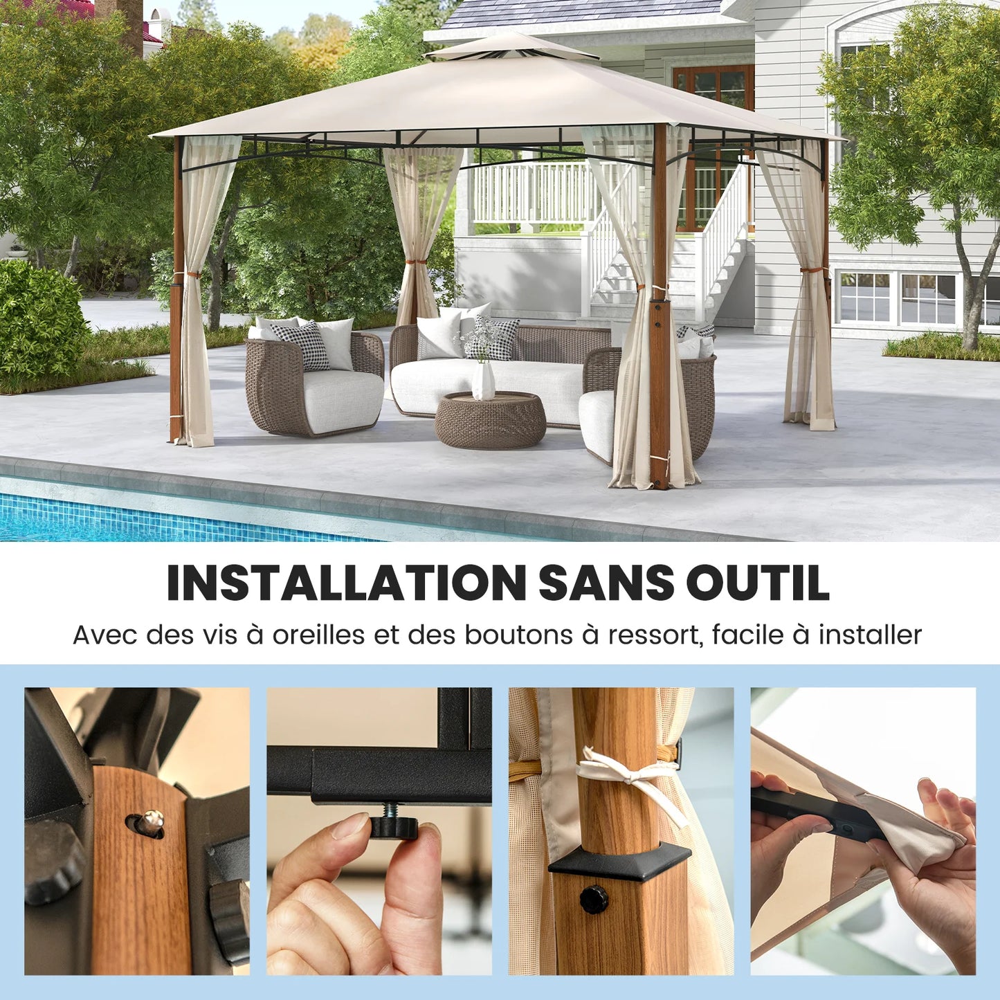 Tonnelle 3,6x3 m avec toit ventilé et moustiquaire intégrée