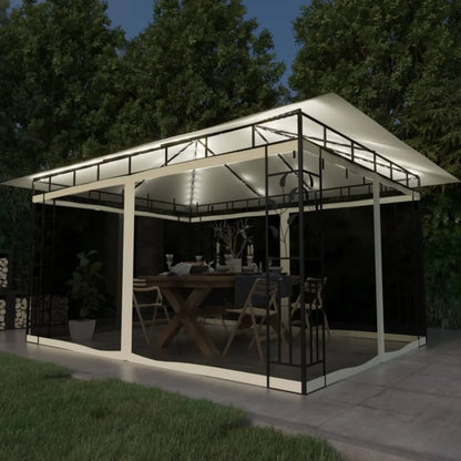 Tonnelle 4x3 m crème avec moustiquaire et guirlande solaire LED