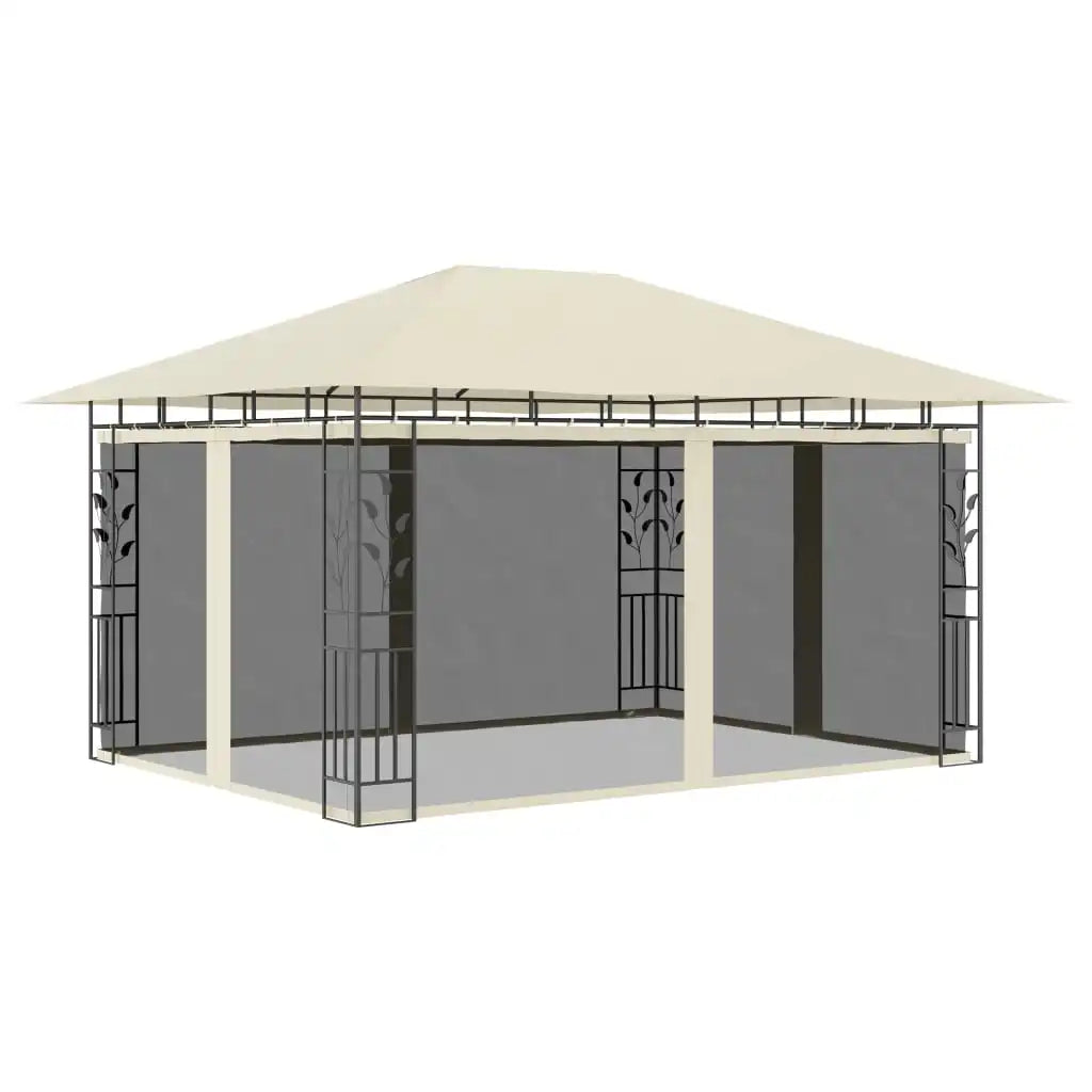 Tonnelle 4x3 m crème avec moustiquaire et guirlande solaire LED