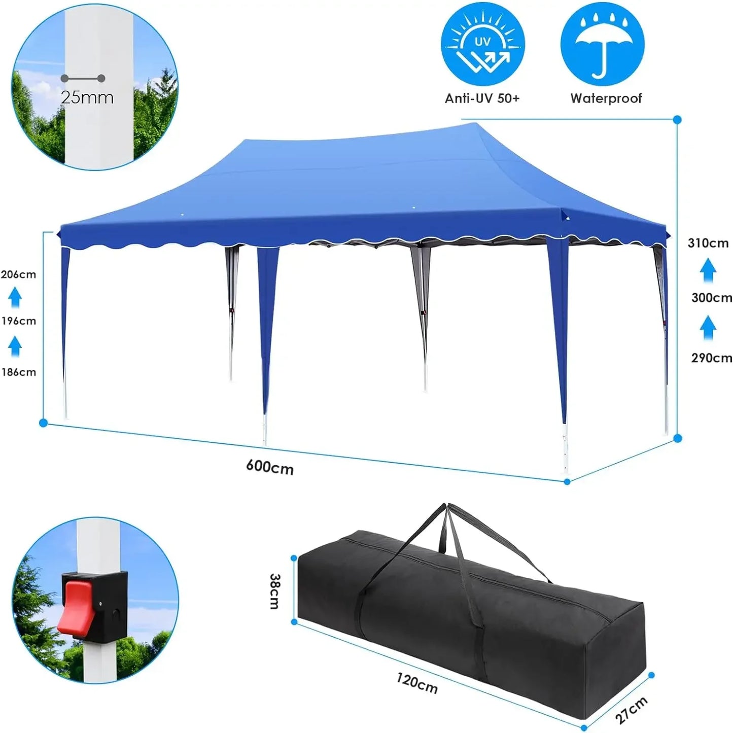 Tonnelle pliante 3x6 avec 4 côtés, UV50+ et sacs