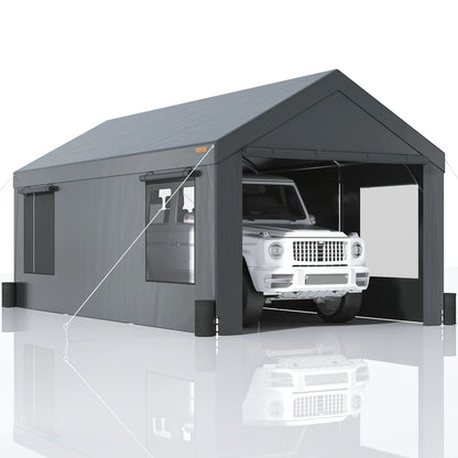 Abri voiture 3,7 x 6 m renforcé avec fenêtres et bâche 3 couches