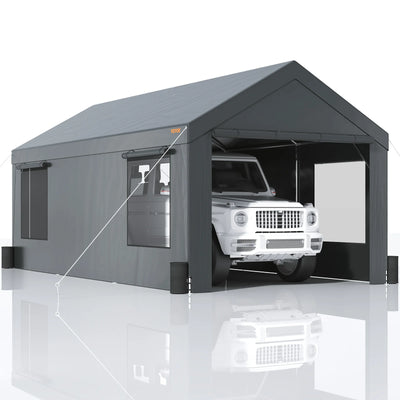 Abri voiture 3,7 x 6 m renforcé avec fenêtres et bâche 3 couches