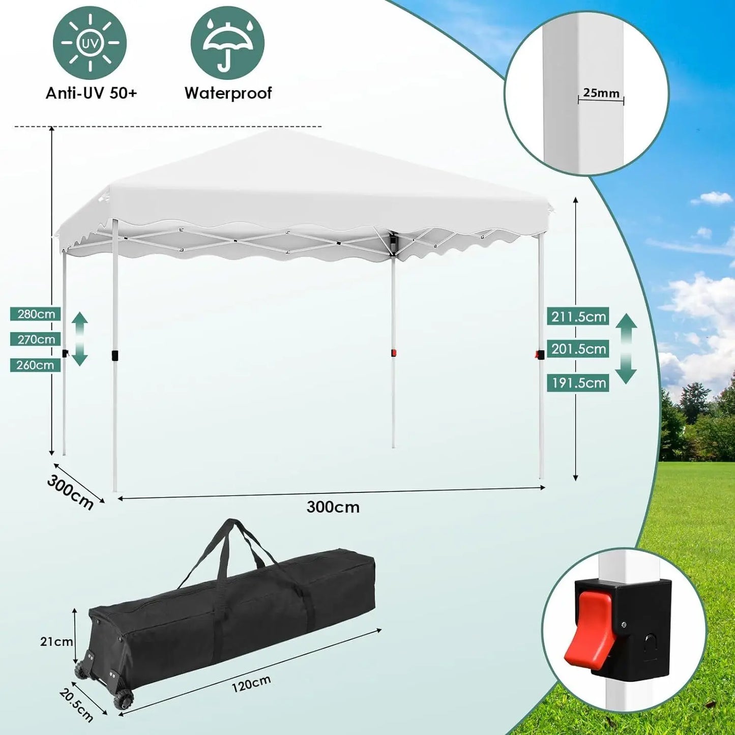 Tonnelle pop-up 3x3 m imperméable avec sac et 4 poids