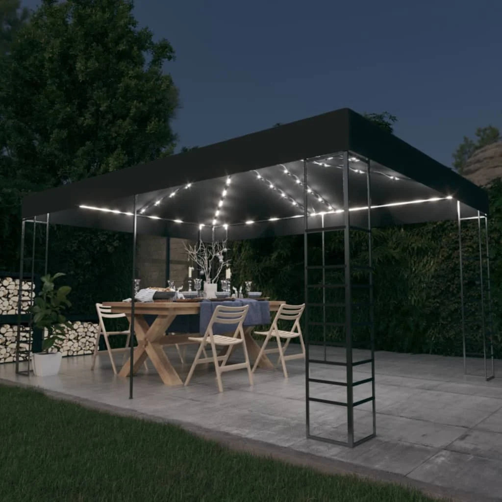 Tonnelle 3x4 m anthracite avec guirlande solaire et toit ventilé