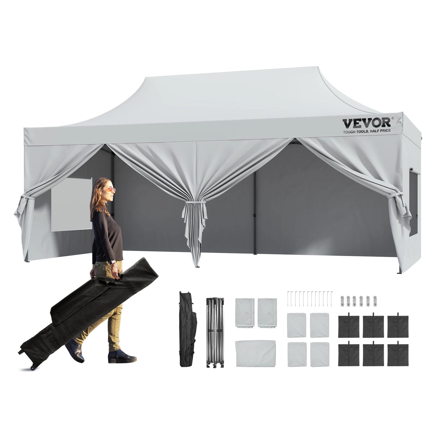 Tonnelle pliante 3x6 m imperméable avec parois et sac à roulettes